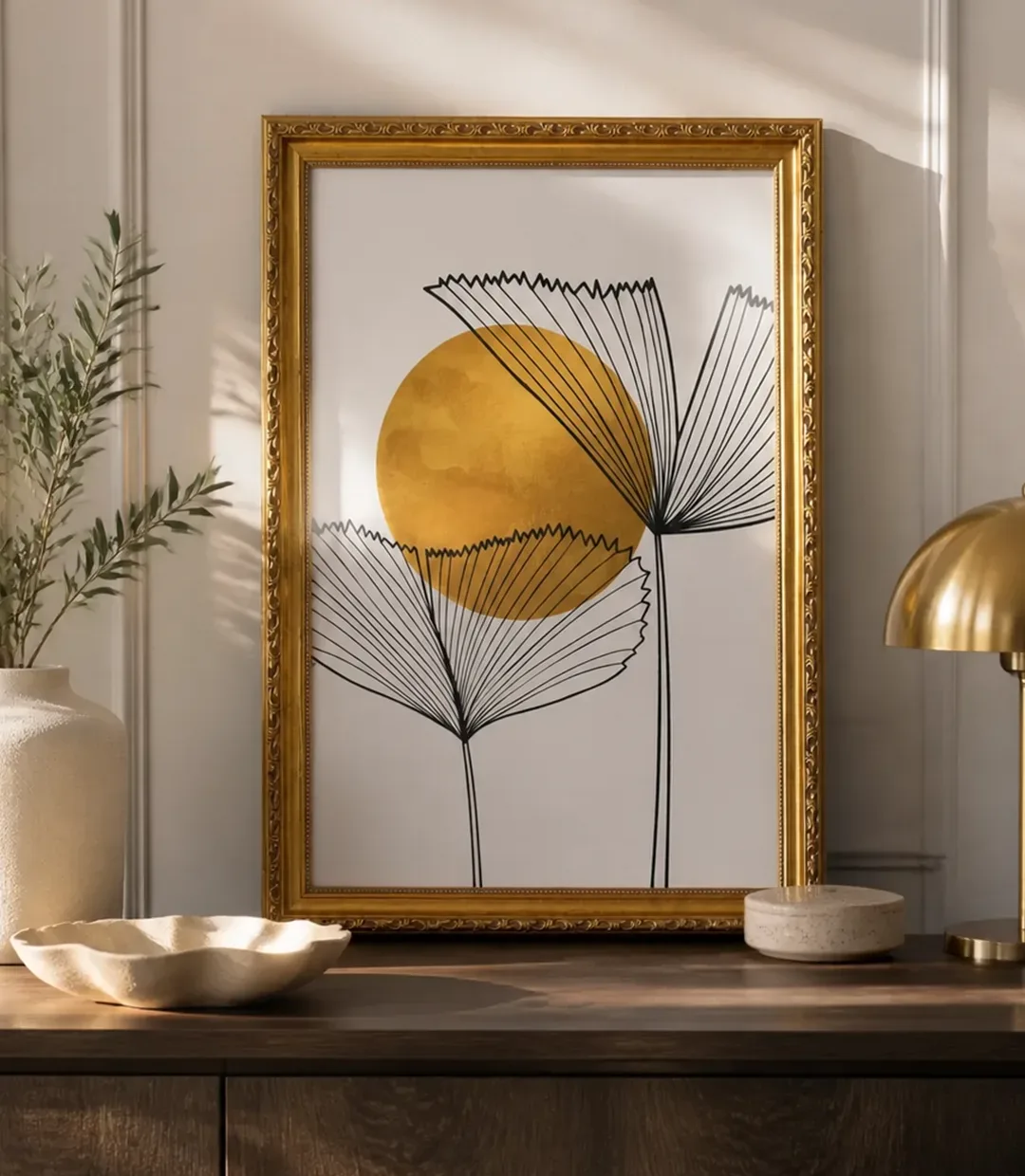 Goldener Rahmen mit grafischem Blatt- und Sonnenmotiv auf einer dunklen Kommode