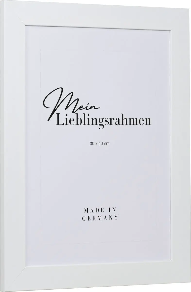 Seitenansicht eines breiten, weissen Bilderrahmens mit glatter Oberfläche