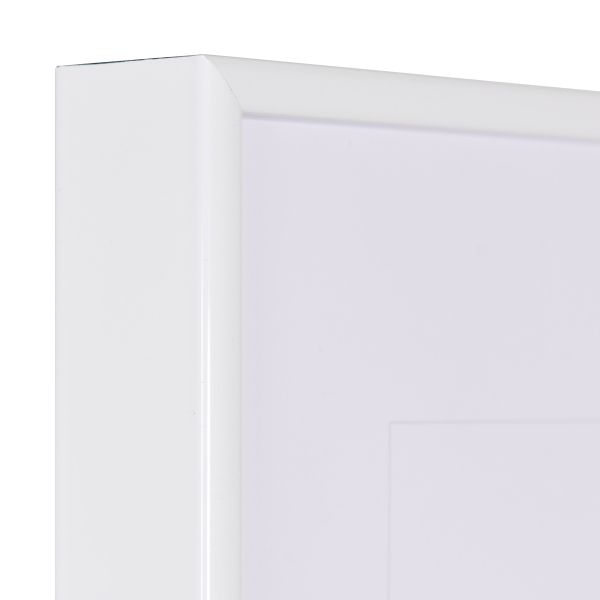 Aluminium-Profil Quadro, weiss - Ecke Ansicht der Ecke eines weissen, sehr formstabilen Aluminiumrahmens mit patentiertem Eckverbindersystem