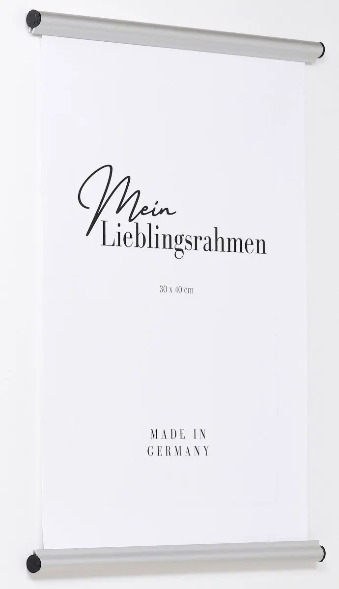 Seitenansicht eines silbernen Alu-Posterhängers mit Klemmvorrichtung
