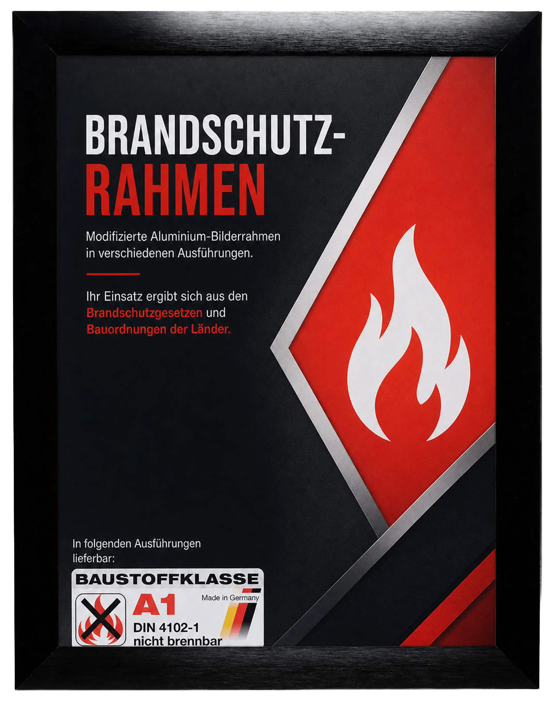 Bilderrahmen Aluminium Costa Brandschutz Zertifikat A1 Schwarz – Frontansicht