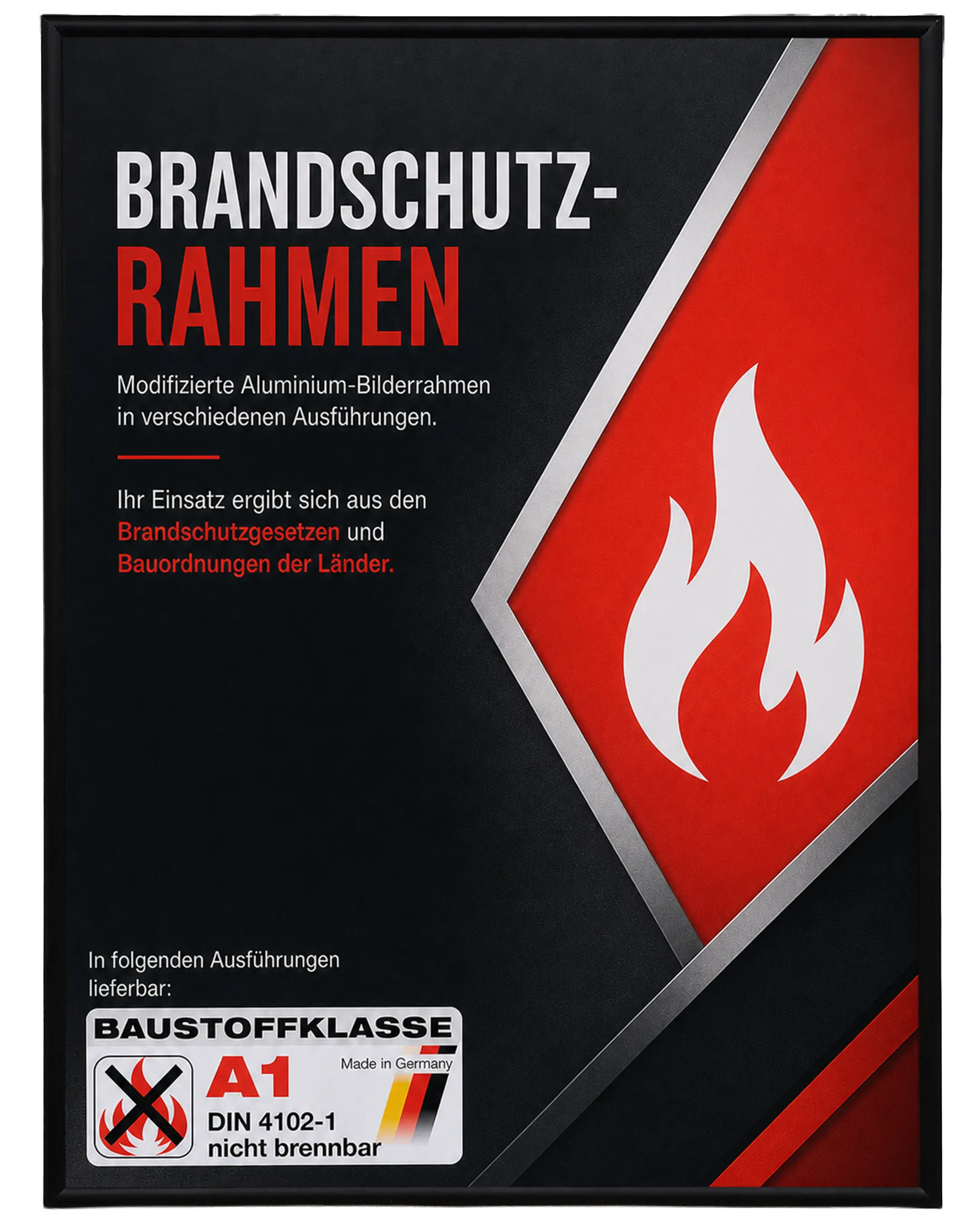 Bilderrahmen Aluminium Noah Brandschutz Zertifikat A1 Schwarz – Frontansicht