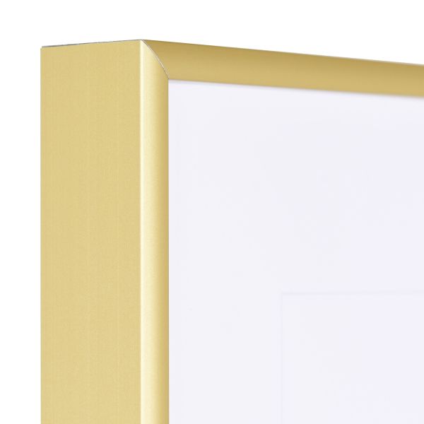 Aluminium-Profil Quadro, gold - Ecke Ansicht der Ecke eines goldenen, sehr formstabilen Aluminiumrahmens mit patentiertem Eckverbindersystem