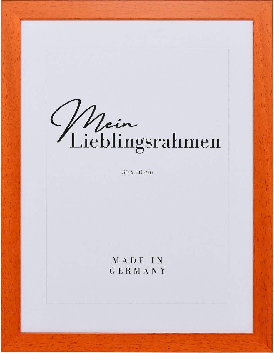 Holz-Profil Top Pro, orange - Frontansicht Frontansicht eines orangenen Bilderrahmens mit sichtbarer Holzstruktur, glatter Oberfläche und kantigem, schlichtem Profil
