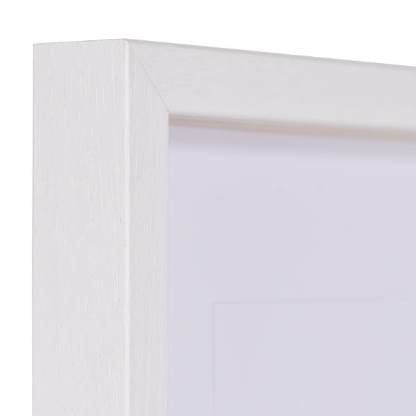 Holz-Profil 35, weiss - Ecke Ansicht der Ecke eines weissen, schmalen Bilderrahmens