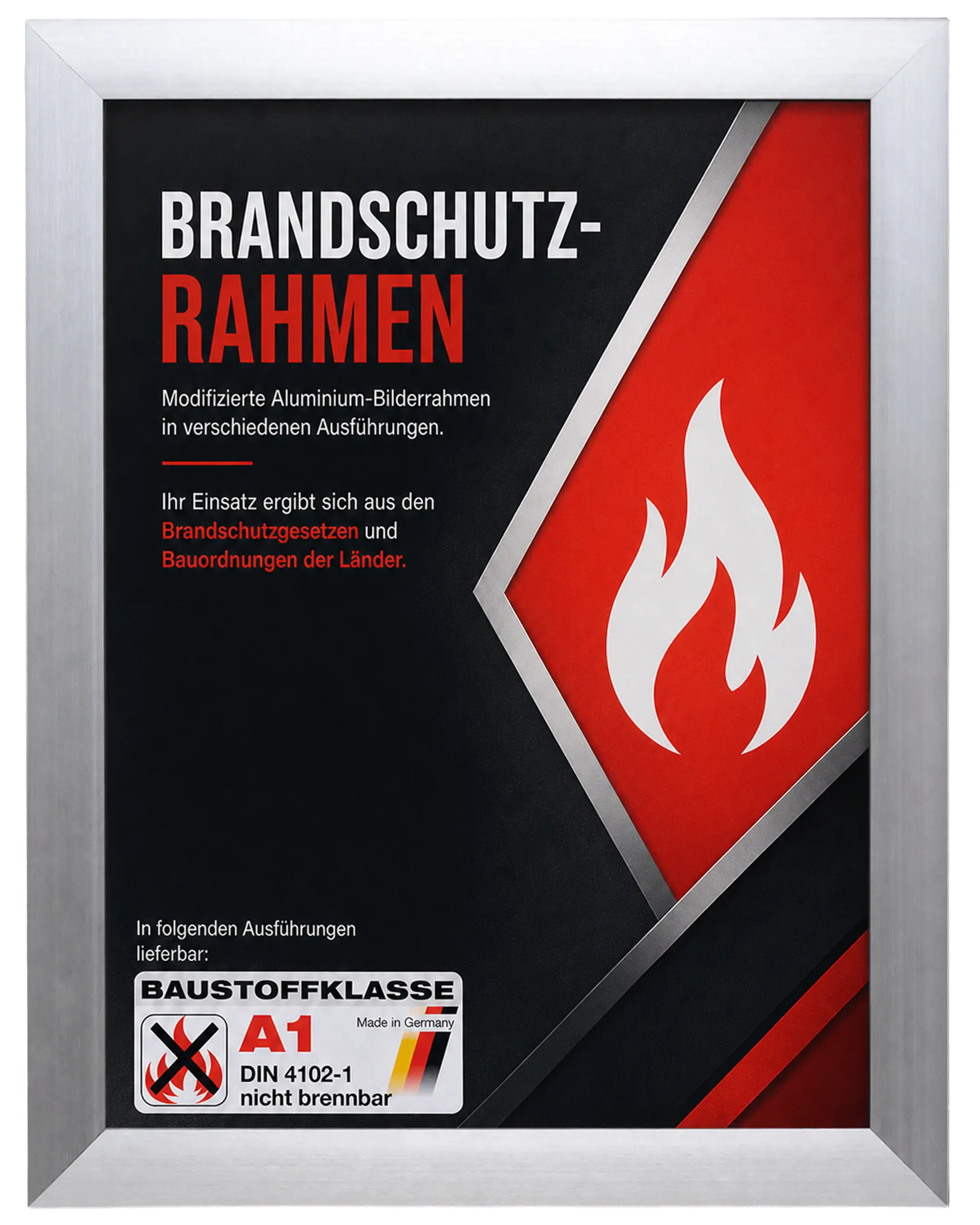 Bilderrahmen Aluminium Costa Brandschutz Zertifikat A1 Silber – Frontansicht