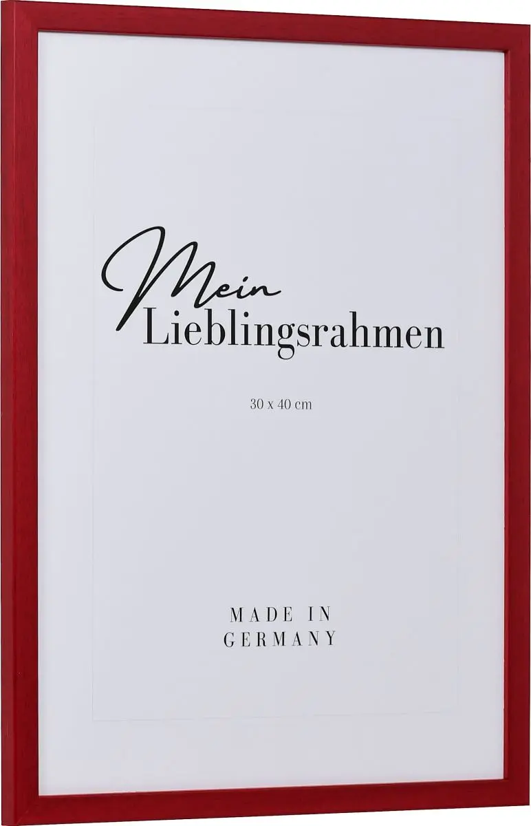 Seitenansicht eines schmalen, rot lackierten Bilderrahmens mit sichtbarer Holzstruktur und glatter Oberfläche
