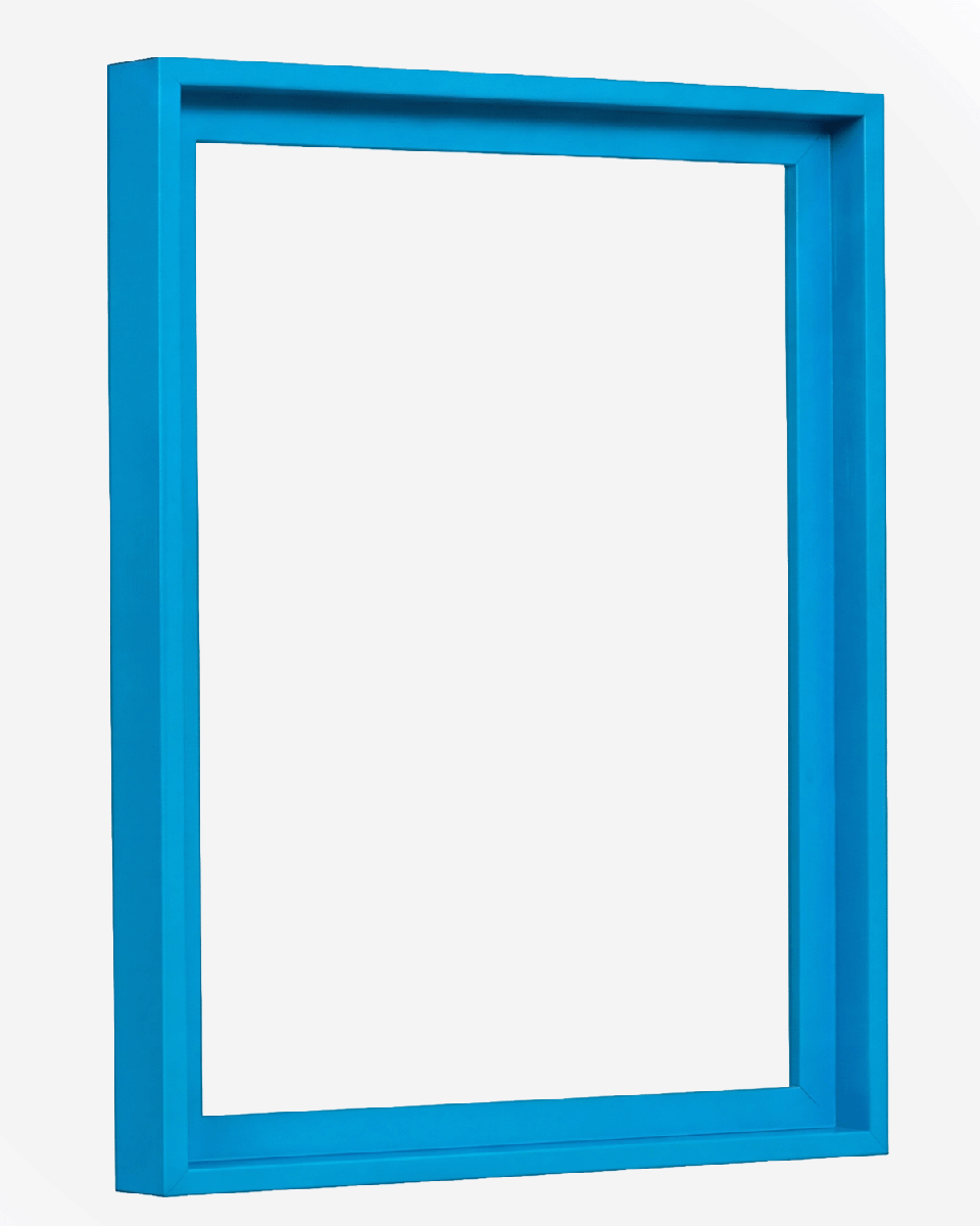 Seitenansicht des Schattenfugenrahmens Jill in leuchtendem Neon-Blau für Leinwandbilder