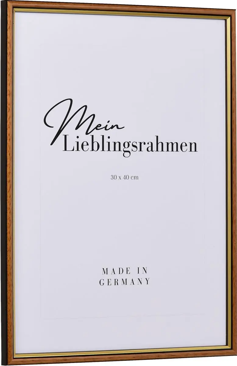 Seitenansicht eines honigfarbenen Bilderrahmens mit innenliegender Goldkante
