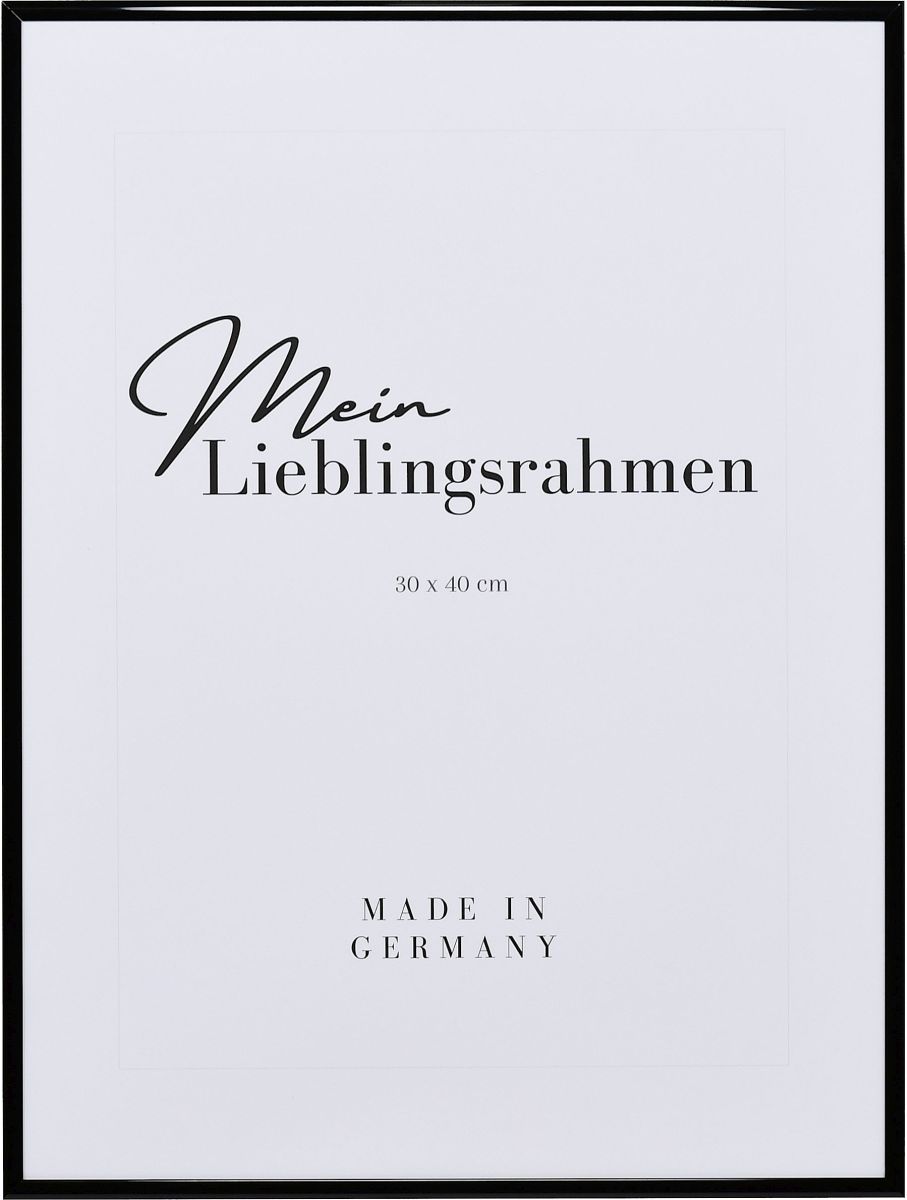 Frontansicht eines schwarzen, extrem formstabilen Hochglanz-Aluminiumrahmens mit patentiertem Eckverbindersystem