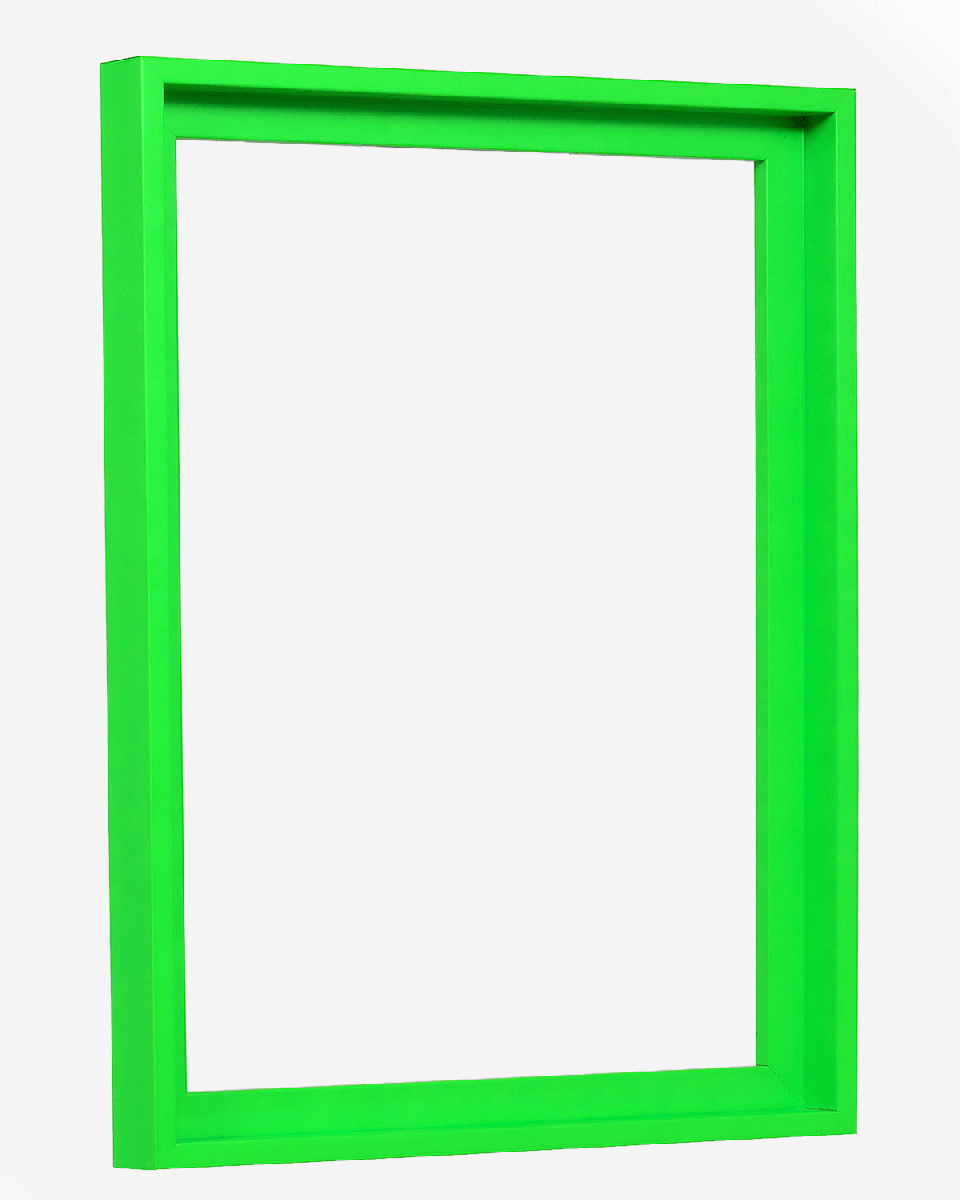 Seitenansicht des Schattenfugenrahmens Jill in leuchtendem Neon-Grün für Leinwandbilder